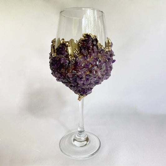 Set of 2 Crystal Wine Glasses with Gold Plated Purple Amethyst Agate