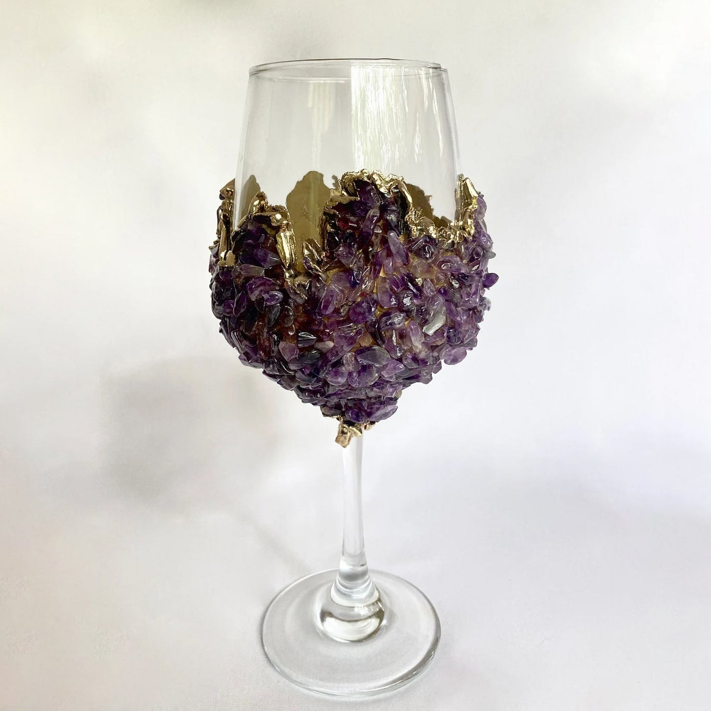 Set of 2 Crystal Wine Glasses with Gold Plated Purple Amethyst Agate