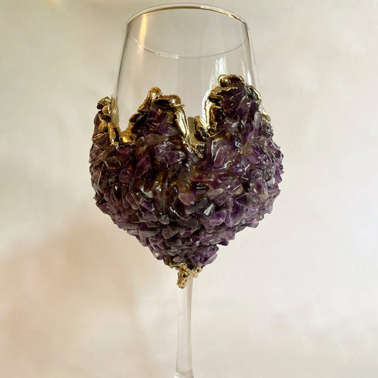 Set of 2 Crystal Wine Glasses with Gold Plated Purple Amethyst Agate