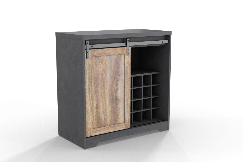 32" Charcoal And Natural Wood Barn Door Bar Cabinet