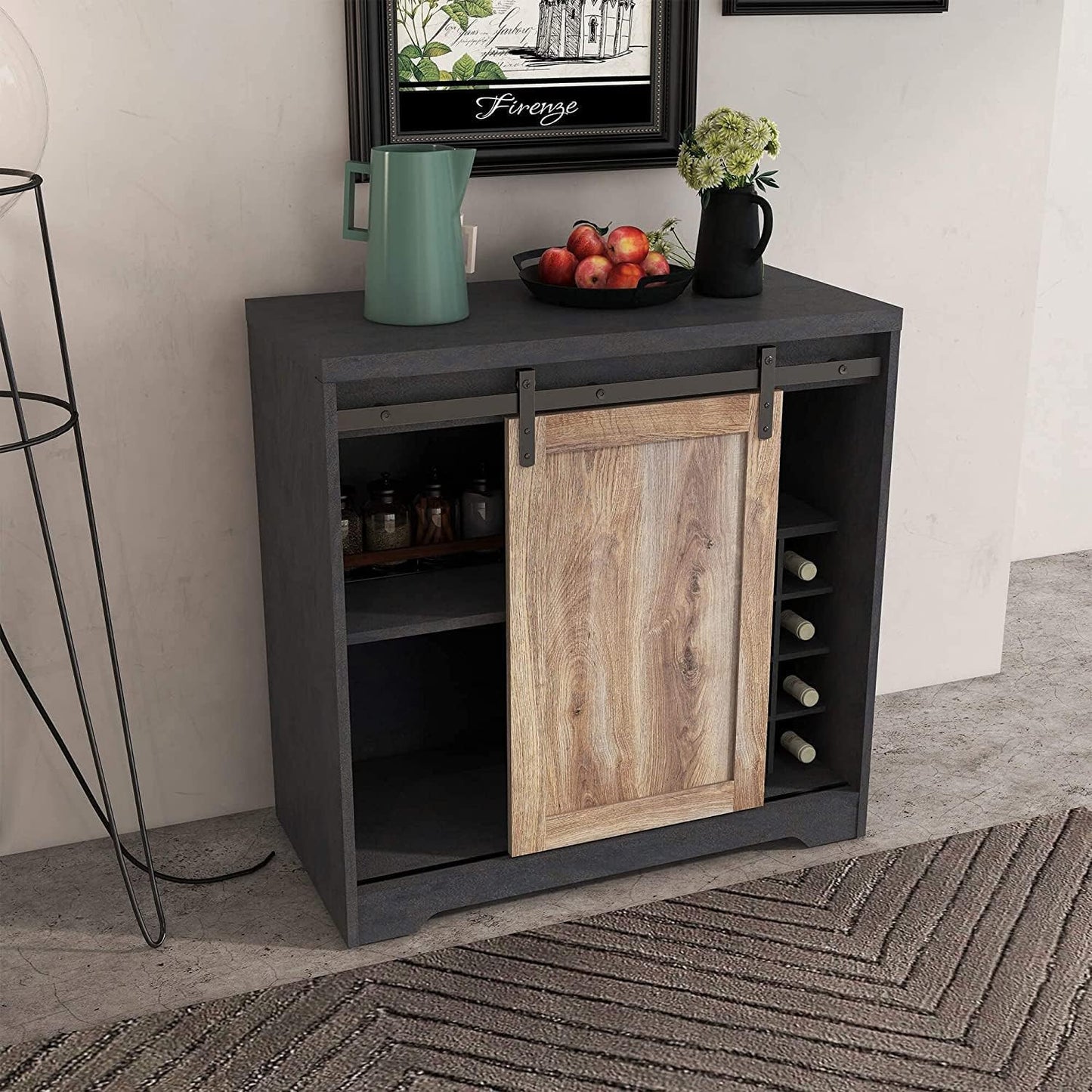 32" Charcoal And Natural Wood Barn Door Bar Cabinet