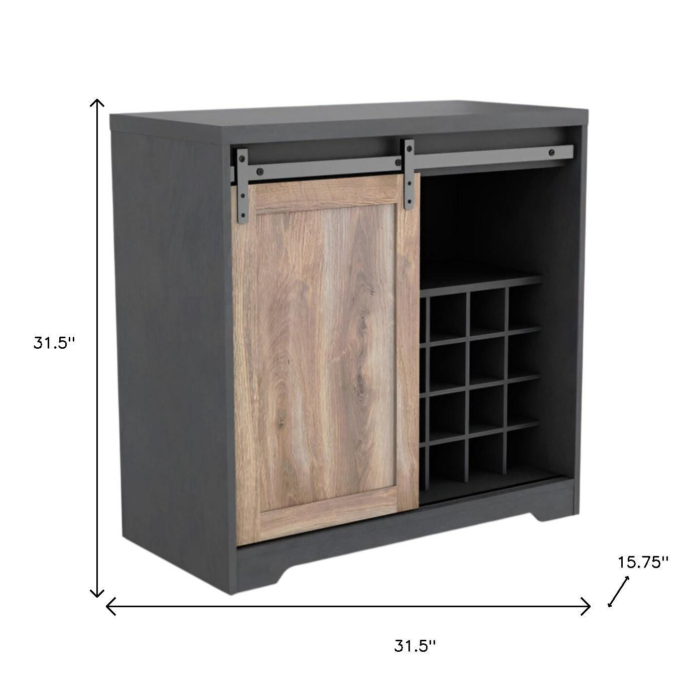 32" Charcoal And Natural Wood Barn Door Bar Cabinet