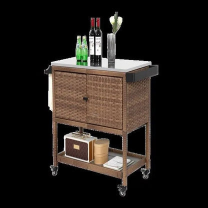Rolling Rattan Beverage Bar Counter Table