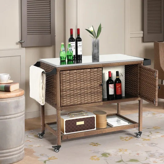 Rolling Rattan Beverage Bar Counter Table