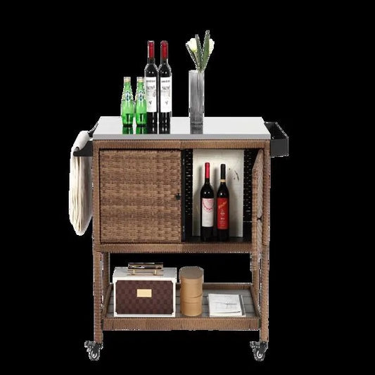 Rolling Rattan Beverage Bar Counter Table